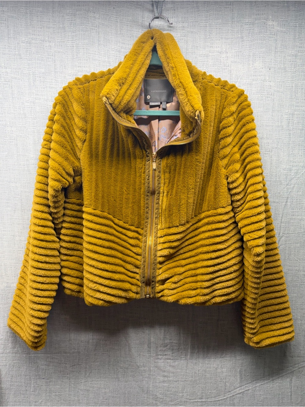 Anthropologie Faux Fur Ribbed Jacket Mustard Yellow Gold Coat Size Small Sz S